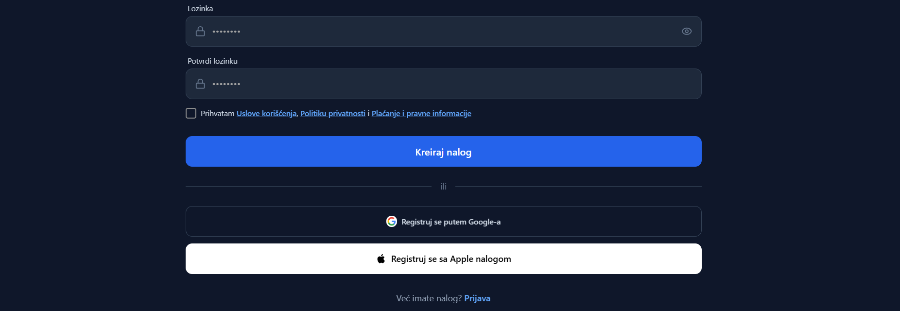 Opcije za kreiranje naloga u E-Pripravniku putem emaila, Google ili Apple naloga.